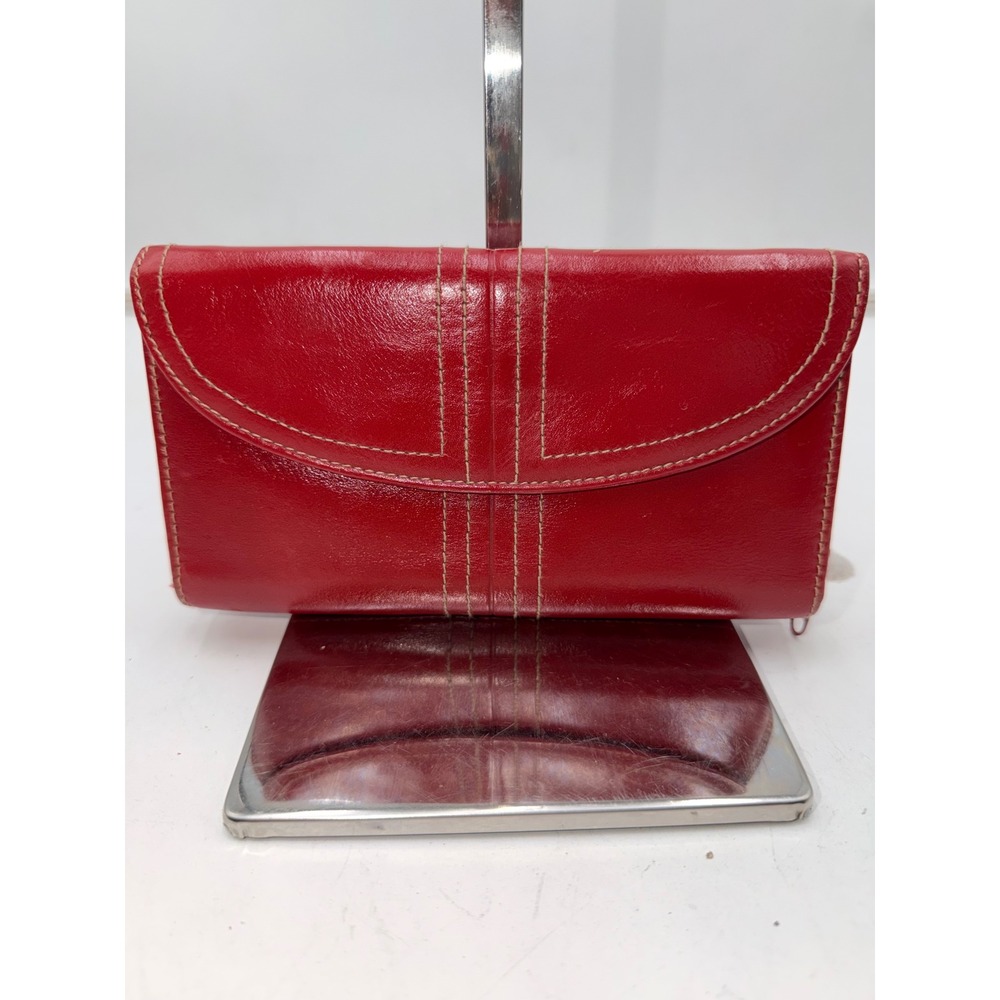 Buxton Red Genuine Leather Clutch Wallet Snap Closure Topstitch Detail